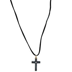 Black Cross Pendant Cord Necklace Rhinestone Accent Religious Spiritual Jewelry